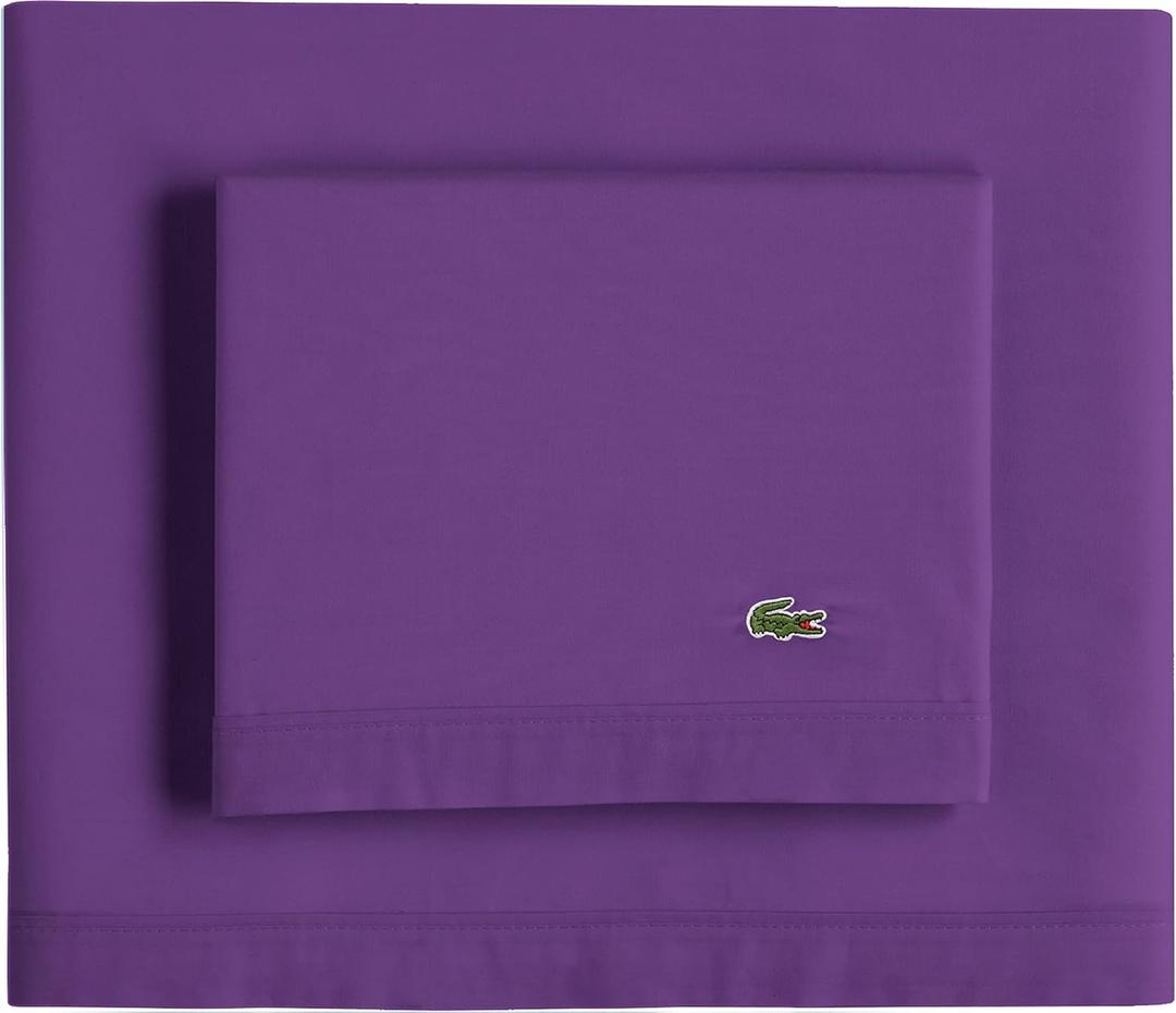 Lacoste 100% Cotton Percale Solid Sheet Set, Breathable, Cooling & Hotel Quality Sheets - Deep Pocket, Easy-Fit, Oeko-Tex Certified, Plum, King