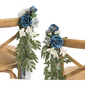Ling's moment 8 pcs Wedding Artificial Aisle Pew Flowers Chair Decorations Arrangements with Chiffon Ribbons Dusty Blue & Navy for Ceremony Chair Back Floral Decor Reception Church Party Outdoor- Dusty Blue and Navy 