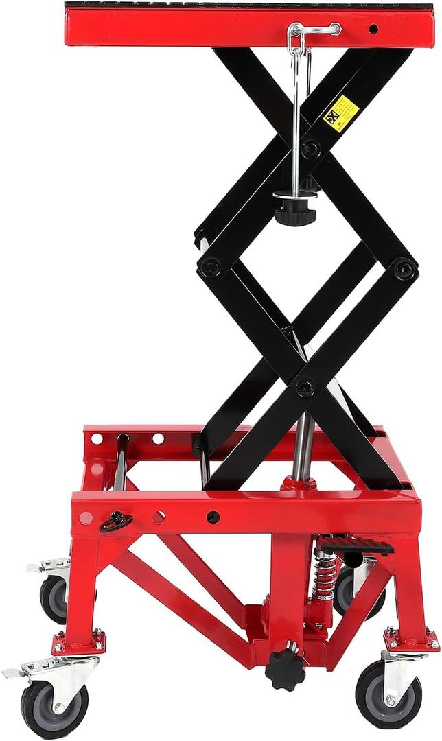 Hydraulic Motorcycle Lift Jack 350LBS, Foot Operated Scissor Lift Table for ATV Dirt Bike, Heavy-Duty Steel Stand with Safety Lock & Wheels, 13.78-34.25" Height Adjustable, Oil Drain Hole (Red)