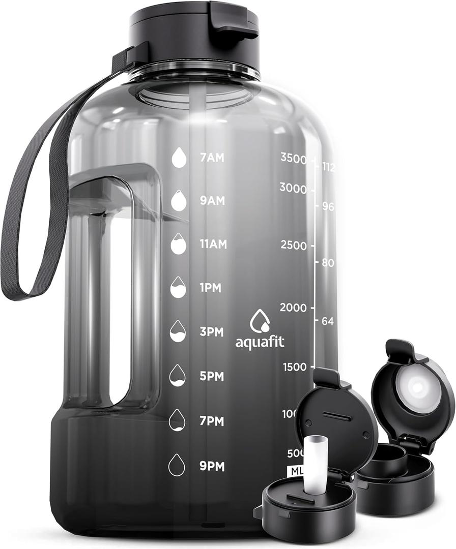 AQUAFIT 1 Gallon Water Bottle with Time Marker - Straw & Chug Lid - BPA Free Gym Water Bottle with Straw - Big Gallon Jug (Midnight Gray, 128 oz - 2 Lids)