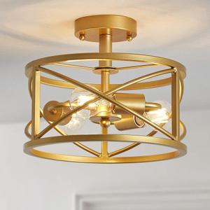 WUZUPS Chandelier 3-Light Vintage Farmhouse Industrial Semi-Flush Mount Ceiling Light Modern Lighting Fixture for Foyer Bedroom Hallway Storage Room Kitchen Bathroom, H 9.4" x W 12", E26 Base, Gold