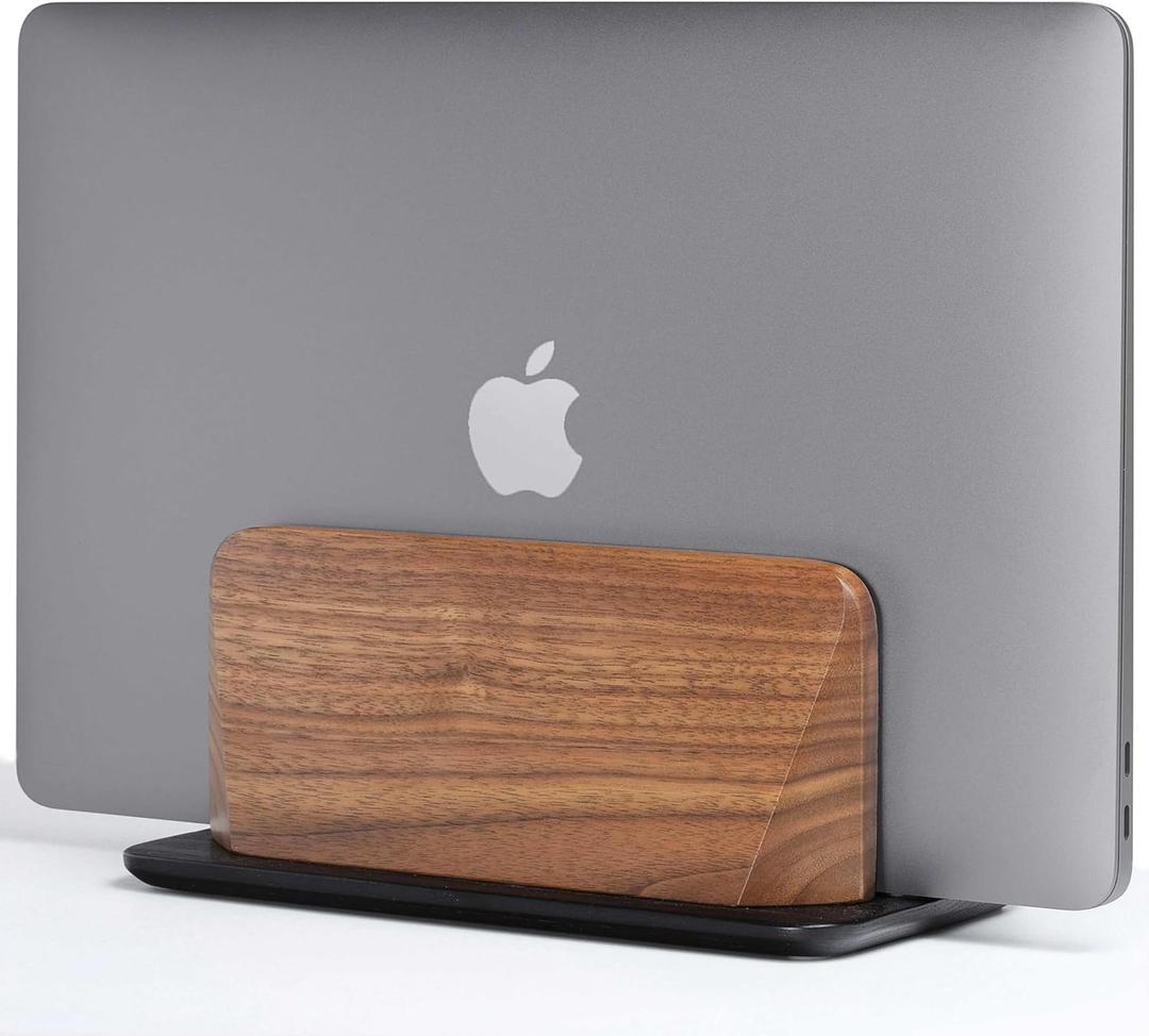 ALNYXAR Vertical Laptop Stand, Solid Black Walnut Body & Black-Finished Ash Wood Base, Wood Laptop Holder Vertical for Desk - Adjustable Dock (0.47"-1.57" Width) Fits Most Laptops, MacBooks