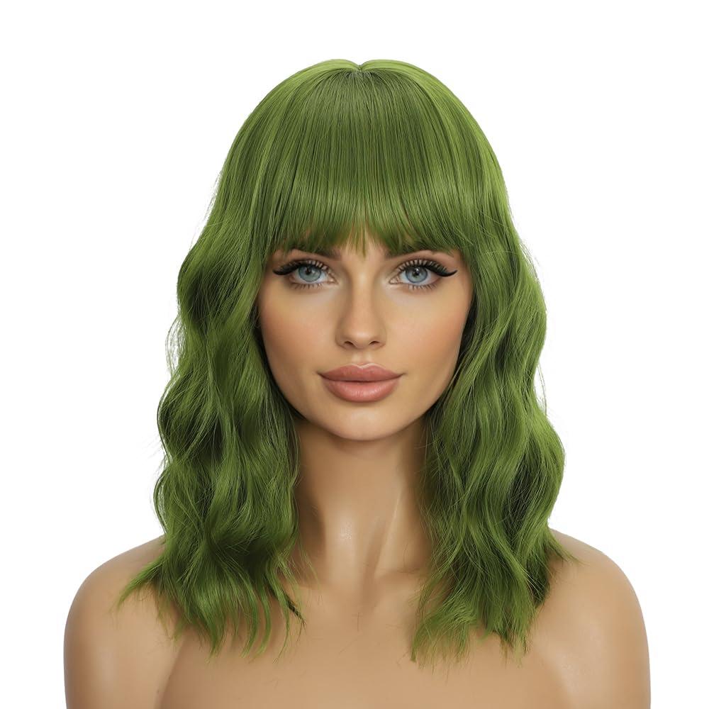 Green Wigs with Bangs for Women 14 Inch Short Wavy Bob Wigs With Bangs Synthetic Bob Wig Curly Wig Heat Resistant Colorful Wavy Wig Cosplay Wigs For Daily Party Halloween