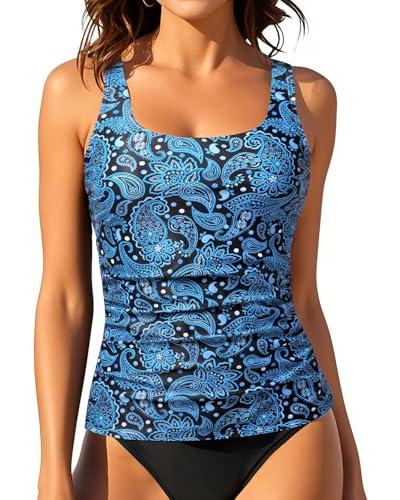 Aqua Eve Tankini Tops for Women Swimwear Top Only Tummy Control Bathing Suit Top No Bottom, Blue Paisley 02 S