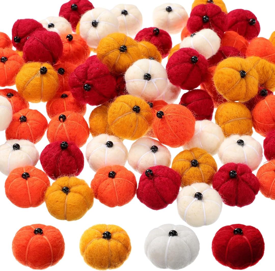 Thanksgiving Small Felt Pumpkin Pom Poms 1 Inch Mini Pumpkins Multicolor Fall Handmade Decoration Ball Garland for Craft Autumn Thanksgiving Halloween Farmhouse Decoration(Orange,72 Pcs)