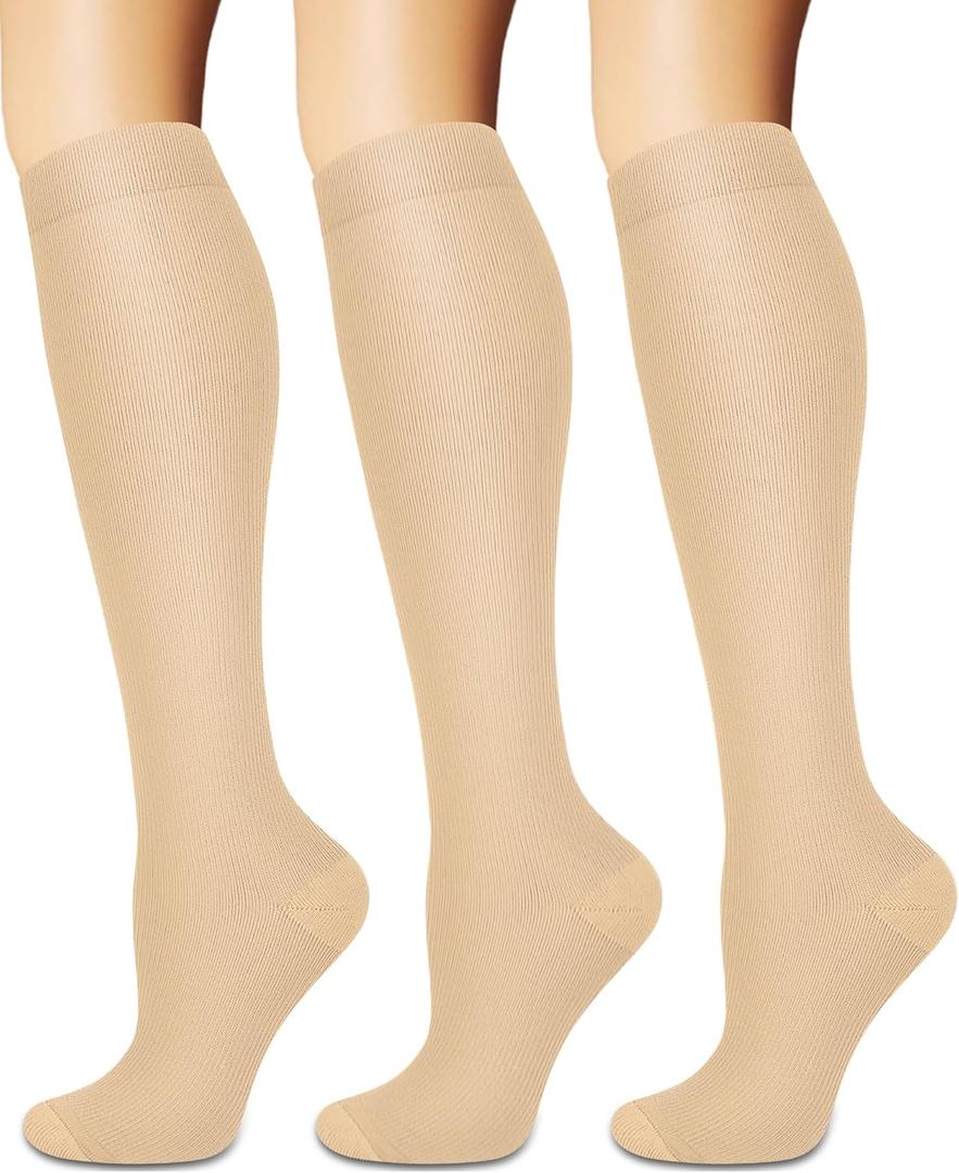 Compression Socks for Women and Men Circulation (3 Pairs) - Best for Nursing,Running,Travel Knee High Socks (Large-X-Large, 00 Nude)