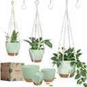 Bouqlife Self Watering Hanging Planters for Indoor Plants 3 Pack Macrame Plant Hangers with Drainage Holes Pots and Hooks for Home Garden Decor Green