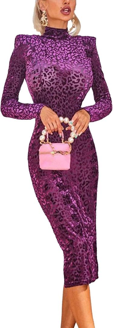 FYEARFOX Women's Leopard Print Night Club Bodycon Midi Dress Velvet Turtleneck Vintage Cocktail Party Sheath Dress (Large, Purple)