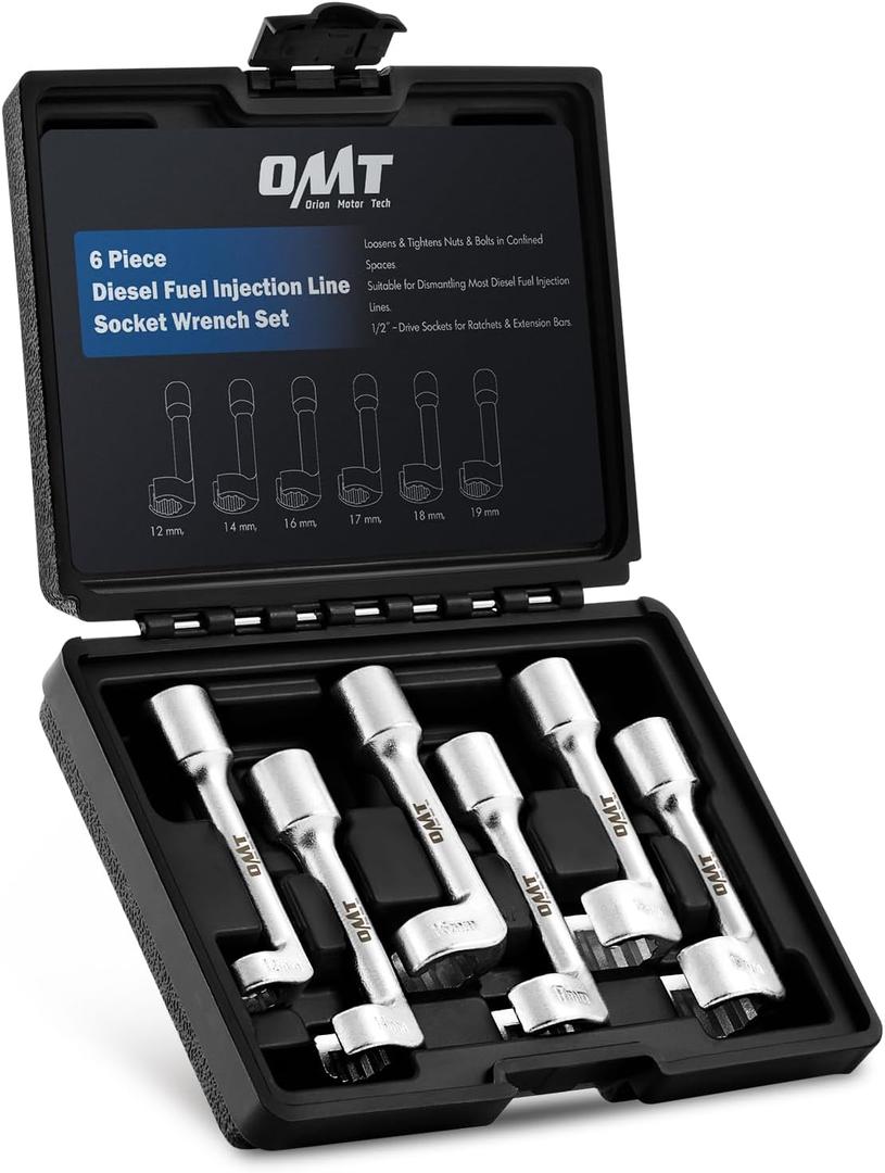 Orion Motor Tech 1/2" Dr Diesel Injector Socket Wrench Set, 6pc 12pt Diesel Fuel Socket Set with 12 14 16 17 18 19mm Wrenches, L-Type Diesel Mechanic Tool for Dismantling Fuel Line with Case