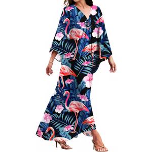 MAKABO Kaftan for Women Dress V Neck Short Sleeve Beach Vacation Bikini Swimsuit Cover Ups Loungewear for Summer (Pink Flamingo)