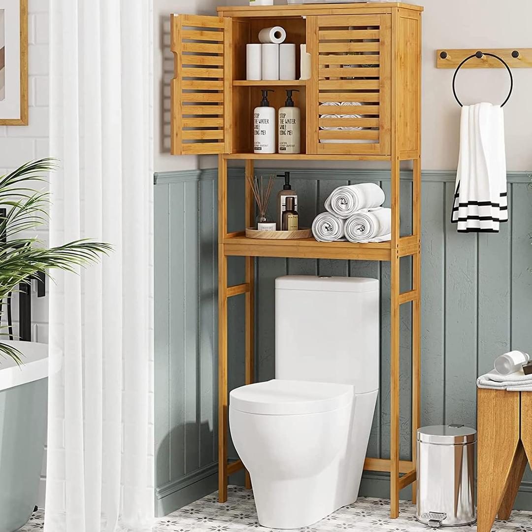 VIAGDO Over The Toilet Storage Cabinet, Tall Bathroom Cabinet Organizer with Cupboard and Adjustable Shelves, Freestanding Toilet Shelf Space Saver Rack Stand for Laundry Room, Balcony, Bamboo, Small