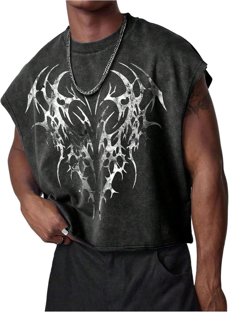 VIPWOLF Men's Grunge Graphic Cropped Tank Tops Y2K Dolman Sleeve Washed Cut Off T Shirts Streetwear (Black, S)