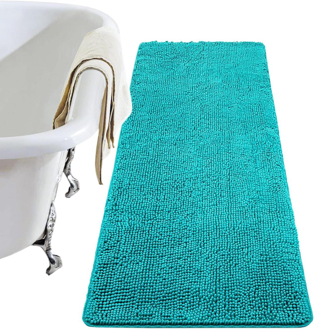 LOCHAS Luxury Bathroom Rug Shaggy Bath Mat 24 x 48 Inch, Washable Non Slip Bath Rugs for Bathroom Shower, Soft Plush Chenille Absorbent Carpets Mats, Teal Blue