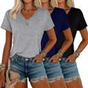 Riyiper 3 Pack Women's T-Shirts V Neck Summer Trendy Short Sleeve Casual Tops Spring Loose Fit Basic Straight Hem Tees (Medium, Black, Navy Blue, Light Grey)