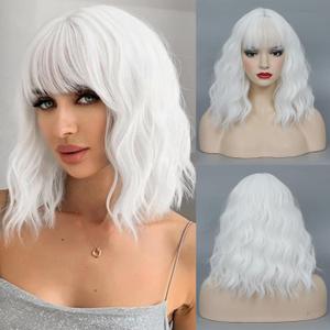 CLIONE White Wigs for Women - Short Wavy Bob Wig with Bangs, Synthetic, Shoulder Length, For Daily Party Use & Halloween Costume, 14'