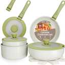 Pots and Pans Set Non Stick Ceramic-Granite  14-Piece Cookware with Detachable Handles, Stackable Space-Saving, Dishwasher Safe, Stain-resistant, Oven & All-Stove Safe, Tempered Glass Lids, Green