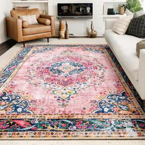 8x10 Area Rugs for Living Room Pink Boho Rug Vintage Rug Non-Slip Washable Low Pile Foldable Large Rugs for Bedroom Dining Room Indoor Floor Carpet