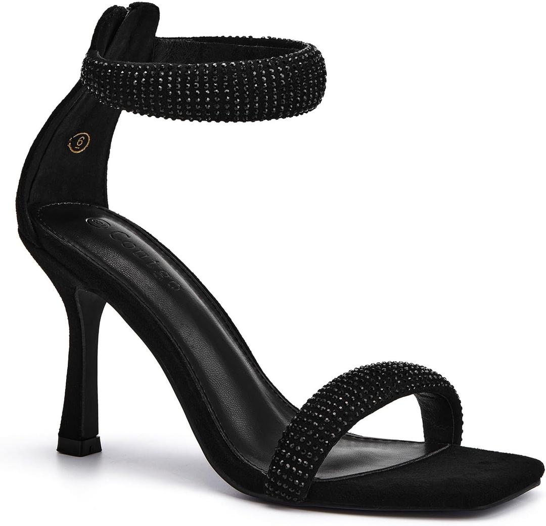 Coutgo Women's One Strap Heeled Sandals Square Open Toe Stiletto Heels Ankle Buckle Strap Summer Pump Shoes (9.5, Black)