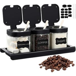 Suclain 3 Pcs Glass Coffee Containers Coffee Station Organizer Set, Airtight Bean Storage Jars with Shelf,labels,spoon, Base and Pen,for Sugar, Candy, Oats, Nuts(Black)