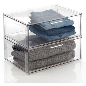 mDesign Plastic Stackable Closet Storage Organizer Bin Containers with Front Pull Drawer for Cabinet, Desk, Shelf, Cupboard, or Dresser Organization - Lumiere Collection - 2 Pack - Clear