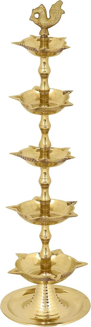 SATVIK Standing Brass Kerala Samai Diwali Deepak for Puja Traditional Panchmahal Pooja Deepam Diya Oil Lamp Kutthu Vilakku Dia 5 in 1 Step Adjustable 11 inch Deepawali Indian Gift Item