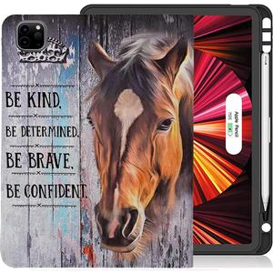 Rotating Case for iPad Pro 11 Inch 4th/3rd/2nd/1st Generation 2022/2021/2020/2018, PU Leather Folding Stand TPU Back Cover with Auto Wake/Sleep, Inspirational Quotes Horse