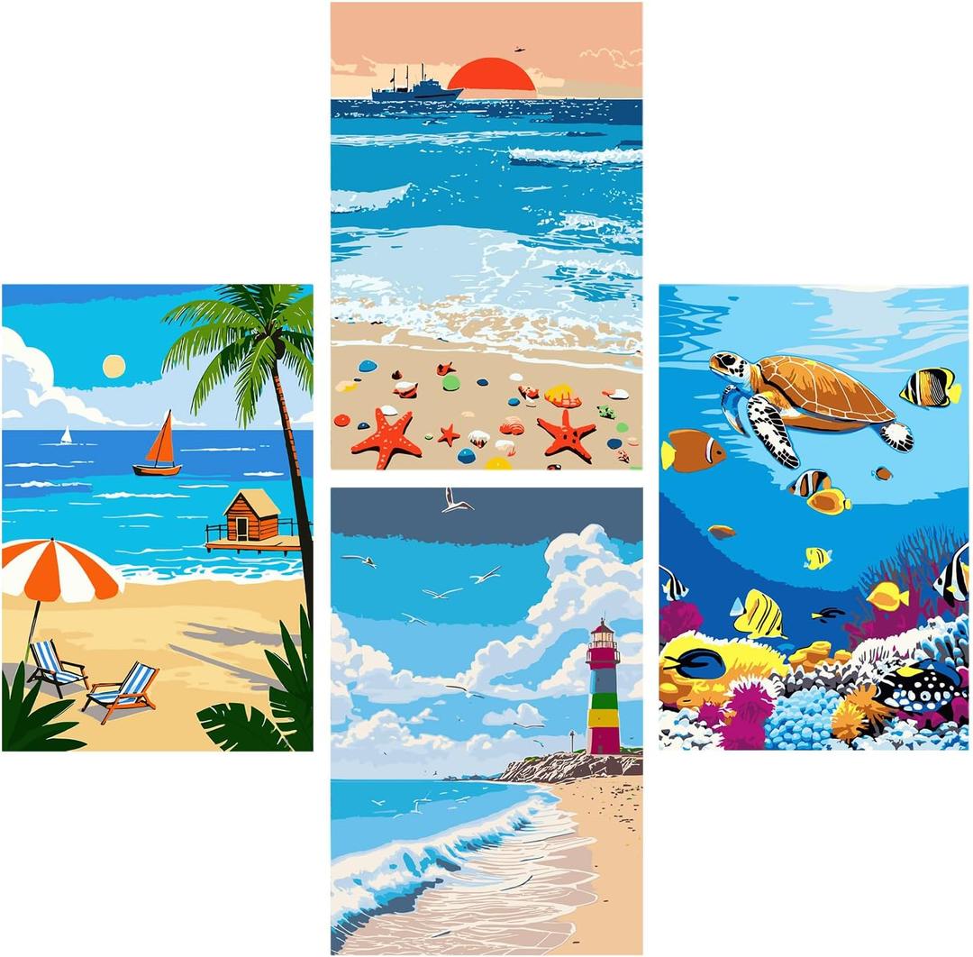 AUTMAPLA 4 Pack Beach Paint by Numbers Kit for Adults Beginner,Ocean Landscape Paint by Number on Canvas Watercolor DIY Acrylic Oil Simple Easy Small Paint by Numbers for Home Decor 8"X12"