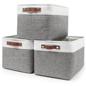 Bagnizer Storage Bins Large Fabric Storage Baskets for Shelves 3 Pack, Decorative Linen Closet Baskets with Handles for Organizing, Shelf, Clothes, Home, Office, 15x11x9.5Inches (Grey&White)