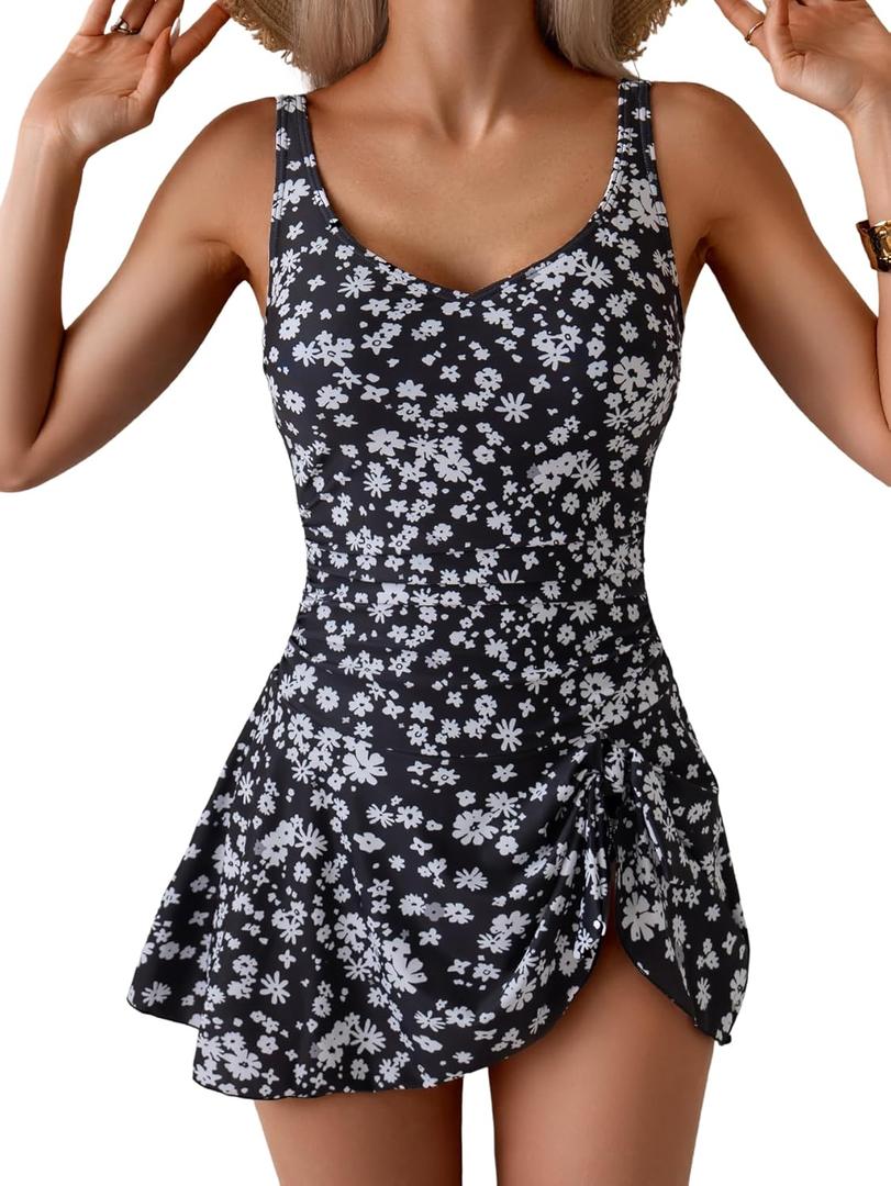 Aidonger One Piece Swim Dress Swimsuits for Women Tummy Control Swimdress Skirt Bathing Suit (Black, S)