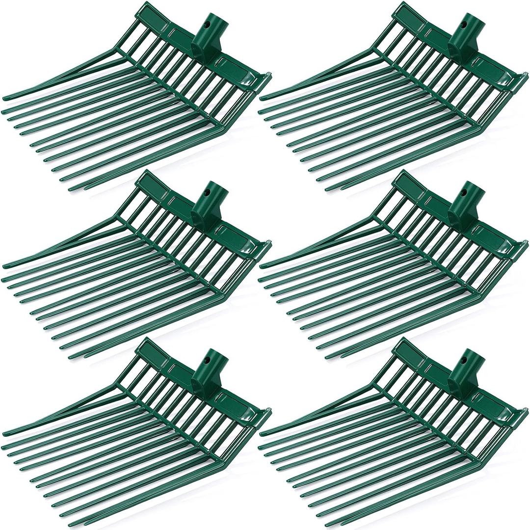 Lasnten 6 Pack Manure Fork Replacement Heads 12 Tines Heavy Duty Pitchfork Heads with Screws & Nuts Durable Horse Manure Rake for Picking up Grass Hay Animal Waste (Green)