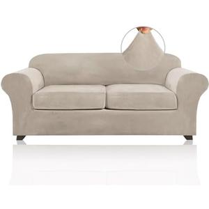 PrinceDeco Couch Cover Velvet Plush Sofa Covers for 2 Cushion Couch Width Up to 90 Inch Washable Furniture Protector Pet Friendly No Slip Sofa Slipcover(Medium-Large, French Oak)