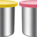 Stainless Steel Pint Containers & Lids Compatible with Ninja Creami ice Cream Maker NC500, NC501, CN501CO Delux Series 2 Pack, 24 oz, Silicone Lids, BPA-Free, Dishwasher Safe