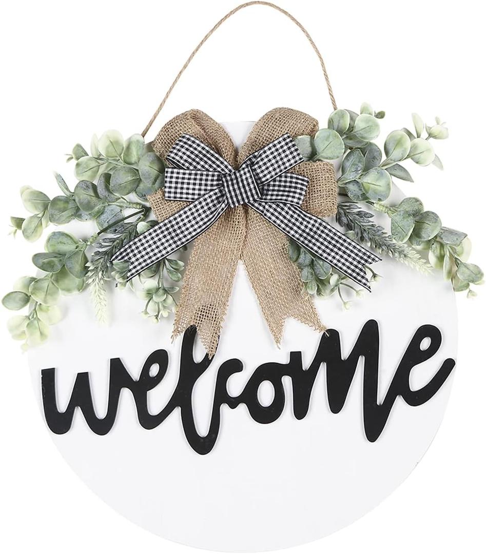 Sattiyrch Welcome Sign for Front Door Round Wood Sign Hanging for Farmhouse porch Door Decoration (White)