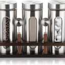 Suclain Stainless Steel Coffee Grounds Canisters with Shelf 3 x 50oz Sugar Coffee Bean Storage Container with Airtight Threaded Lid, Glass Window, Scoop Kitchen Storage Jar Set for Bar Creamer Nut Tea