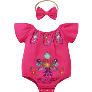 Baby Girls Mexican Romper Floral Embroidered Cinco De Mayo Fiesta Outfit Infant Traditional Folk Flutter Sleeve Romper Bodysuit And Headband Traje Tipico De El Salvador Hot Pink 9-12 Months
