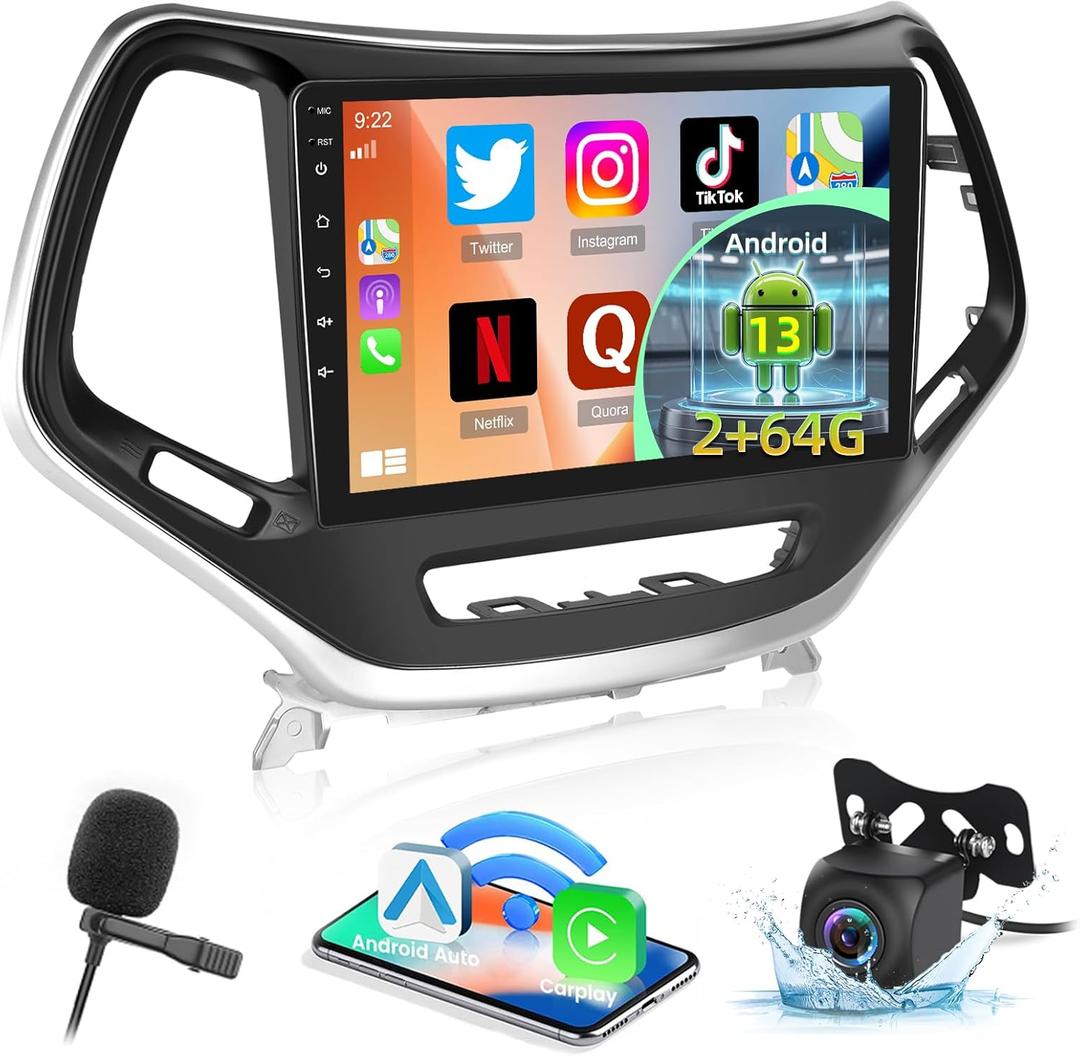 2+64G for Jeep Cherokee 2013 2014 2015 2016 2017 2018 Android Car Stereo - Wireless Carplay & Android Auto - 10.1 Inch Touchscreen Radio with EQ DSP, WiFi, GPS, Split Screen + AHD Rear View