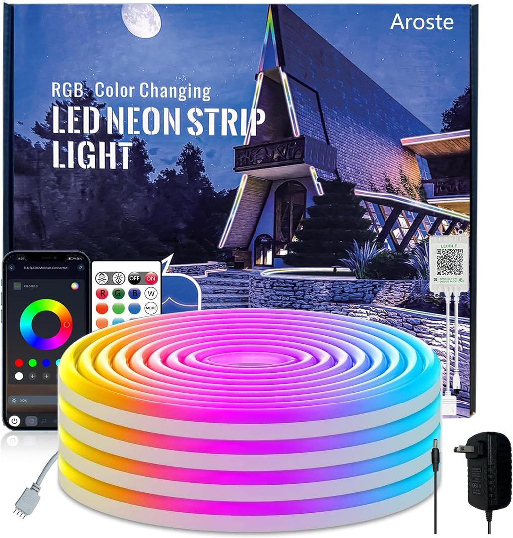 Aroste LED Light Strips, a 49.2-Foot Long RGB neon Light Strip with Waterproof IP67 Rating, Equipped with a Remote Control, Suitable for Festival Decorations, Houses, and Outdoor Decorations.