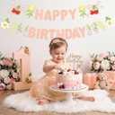 2 x 2-Pack Happy Birthday Flower Felt Garland, 8ft Pre-Strung Floral Birthday Banner with Cherries & Blossoms, Reusable Pink Bunting for Garden Party, Nursery, Cottagecore Girls Birthday Decor