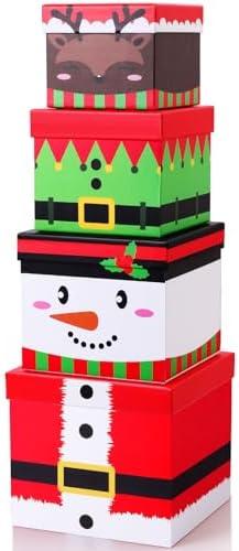TaoBary 4 Pcs Christmas Nesting Gift Boxes Hard Xmas Stackable Decorative Boxes with Lids Elk Santa Snowman Elf Nested Decor for New Year Holiday Birthday Party Gift Decor