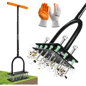 Saker Manual Lawn Aerator Tool, with 15 Iron Spikes Adjustable Height, Double-Layer Spring, Heavy-Duty Iron Lawn Aerator Tool with Gloves for Loosening Soil Aerating Patio, Yard, Garden Orange