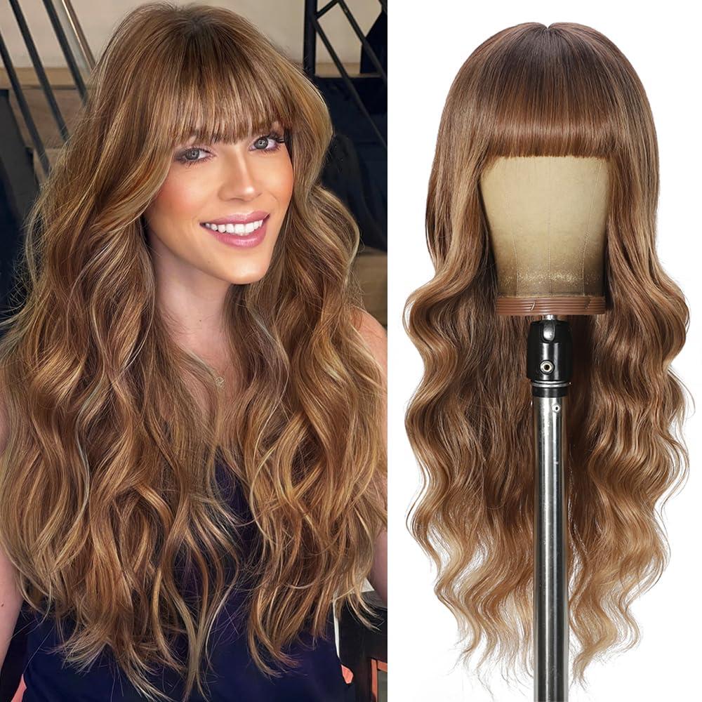 Brown Wigs with Bangs Long curly wavy Wig Brown mixed Honey Blonde Wig for Women Natural Synthetic Wigs for Daily Party Use 26IN(Brown mixed Honey Blonde)