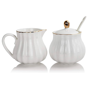 Sweejar Royal Ceramic Sugar and Creamer Set, 3 Piece Set with Cream Pitcher, Sugar Bowl, Sugar Set with Lid & Spoon, Coffee Serving Set Wedding Gift(White)