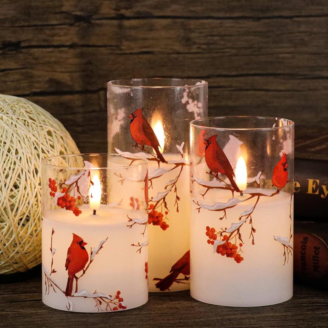 GenSwin Red Bird Glass Flameless Candles with Remote Timers, Battery Operated 3D Wick Led Flickering Light, Real Wax Pillar Candles for Christmas Home Decoration(Pack of 3, 3x456)