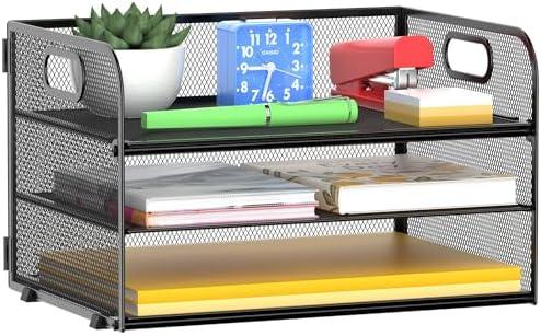 MINDEPOT 3 Tier Paper Organizer Tray with Handle, Mesh Letter Tray for Office, Home, School (1 Pack), Black