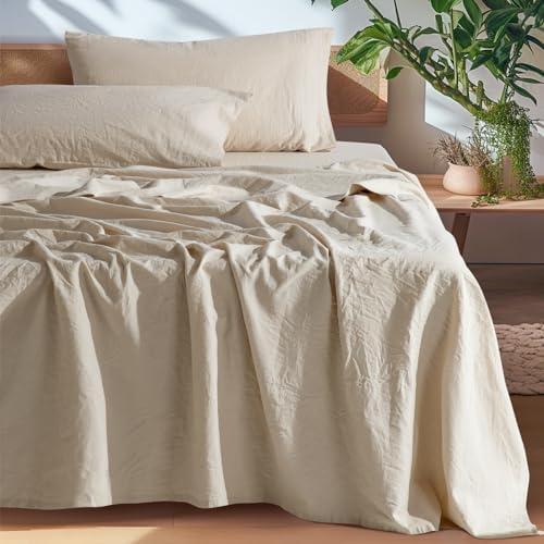 SONORO KATE 100% French Pure Linen Sheets, Breathable and Durable Linen King Size Sheets, Anti-Tear Linen Bed Sheets, Machine Washable, 16 Inch Deep Pocket - Pack of 4 (Natural Linen, King)