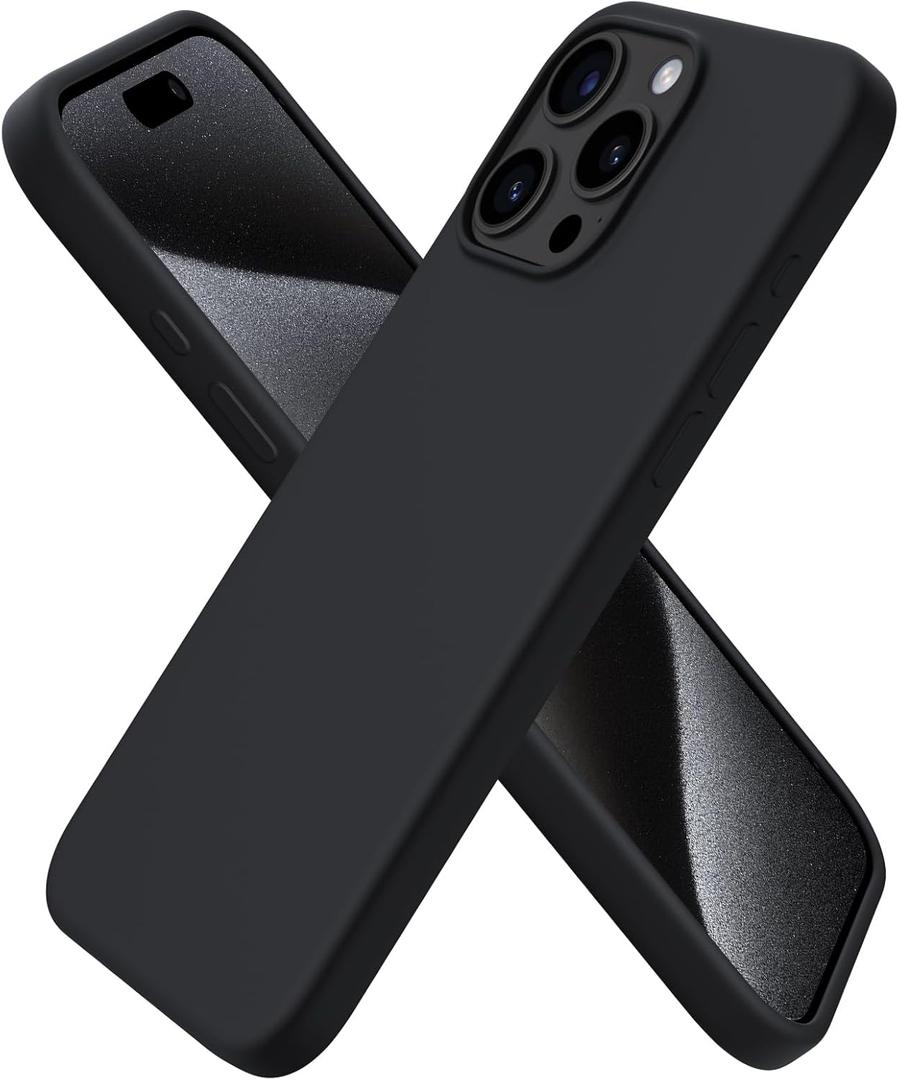 ORNARTO Compatible with iPhone 15 Pro Max Case 6.7", Slim Liquid Silicone 3 Layers Soft Gel Rubber Shockproof Protective Phone Case with Anti-Scratch Microfiber Lining-Black