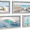 Ocean Wall Art Wooden Framed: Beach Artwork Coastal Prints Set of 4 Seascape Wall Decor for Living Room Overall 36"W x 24"H (Blue Rolling Waves)