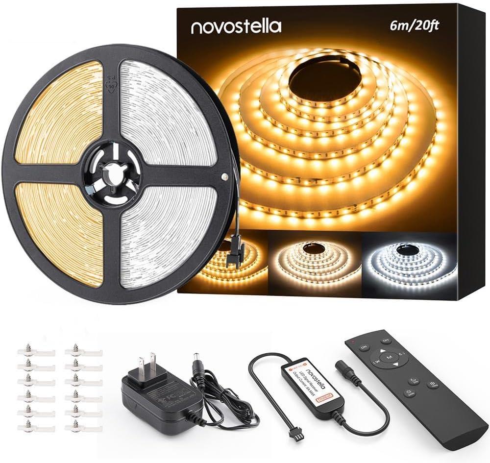 NOVOSTELLA 20ft Tunable White LED Strip Light Kit Dimmable 3000K-6500K 24V Tape Light with RF Remote Flexible Rope LED Ribbon for Bedroom Home Lighting Mirror Kitchen Bar Cabinet Daylight Warm White (20ft (Non-waterproof))