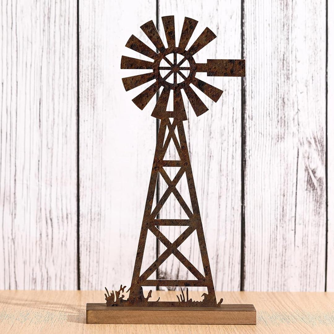 Tandefio Farmhouse Windmill Table Top 11.8 Inch Metal Rusted Vintage Desk Shelf Decor Farmhouse Kitchen Rustic Windmill Decor for Home Decorations