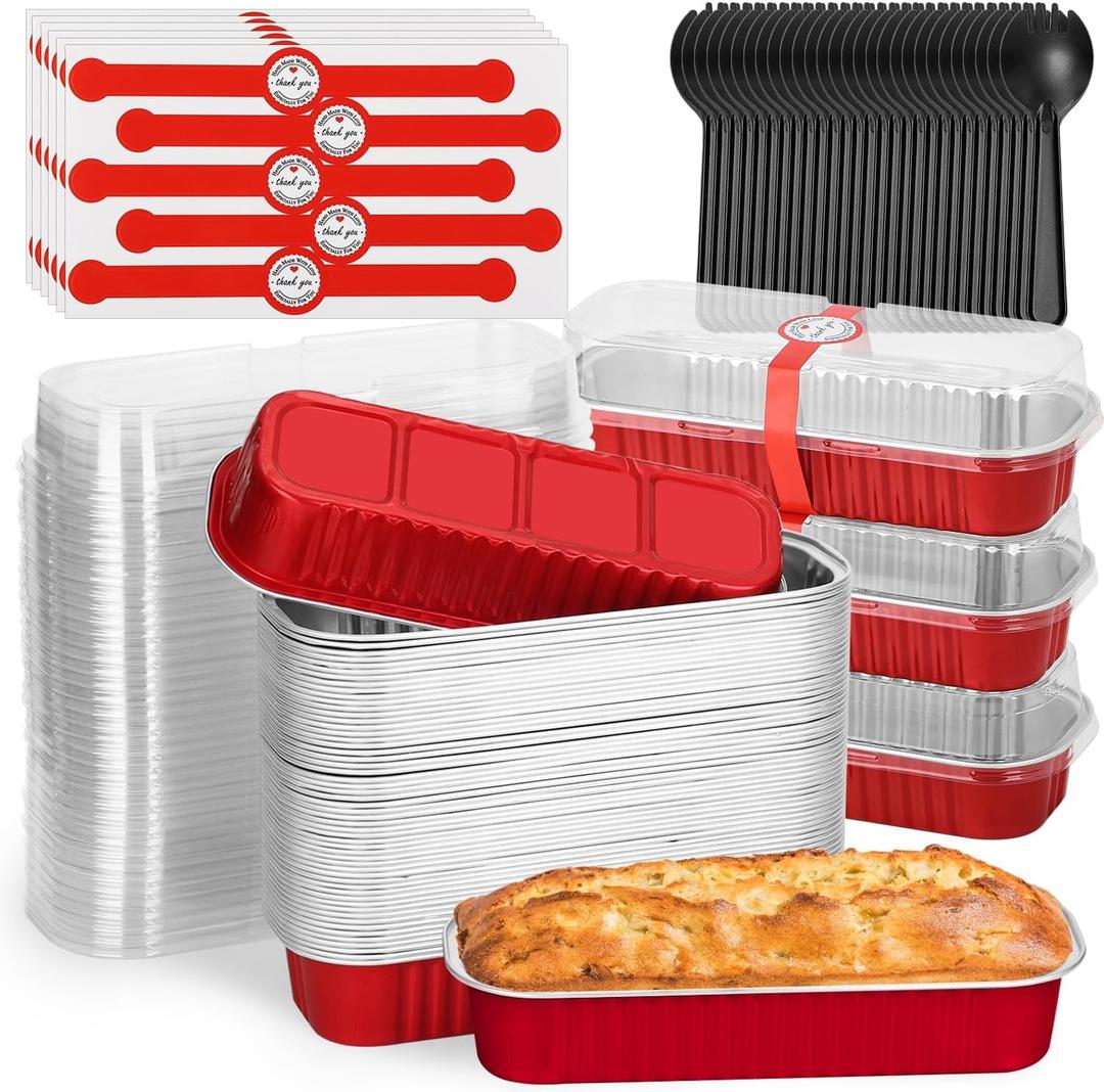 selizo 60 Pack 6.8oz Mini Loaf Baking Cake Pans with Lids, Rectangle Disposable Aluminum Foil Loaf Baking Pans, Small Baking Cake Tins Cup Cake Containers for Individual Cakes (Red)